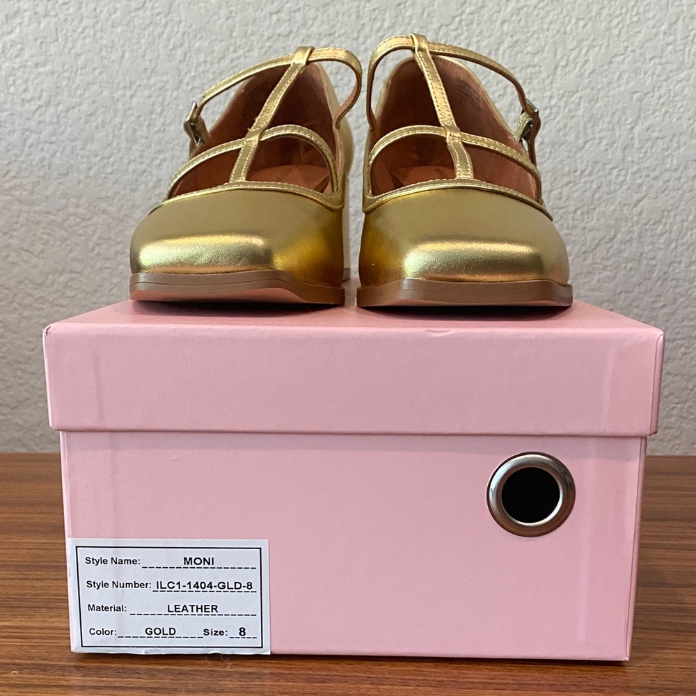 ✨ INTENTIONALLY BLANK “MONI” Leather Mary Jane Heels – Gold – Size 8 ✨
